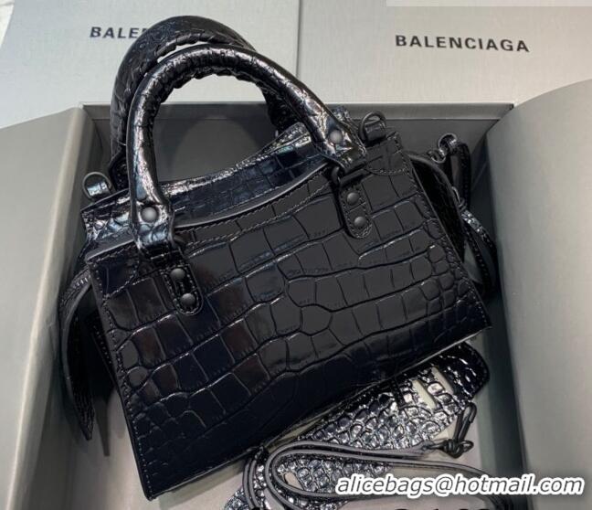 Famous Brand Balenciaga Neo Classic Mini Bag in Shiny Crocodile Embossed Leather 638512 All Black