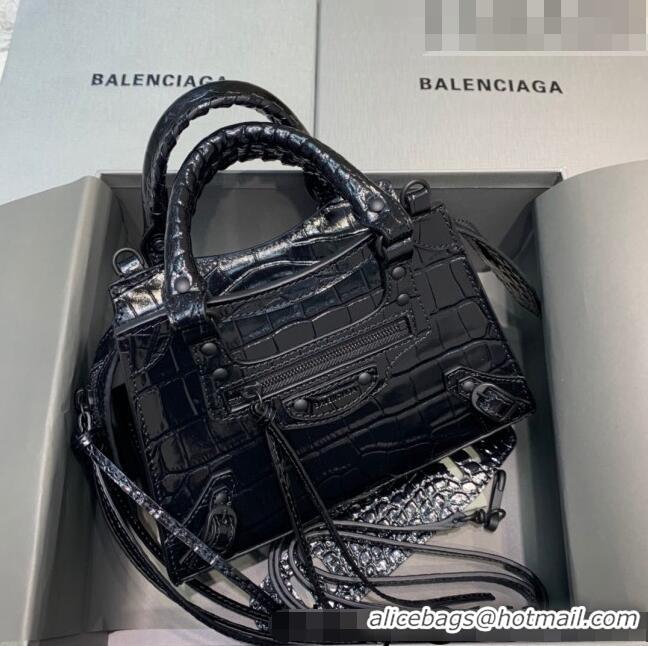 Famous Brand Balenciaga Neo Classic Mini Bag in Shiny Crocodile Embossed Leather 638512 All Black