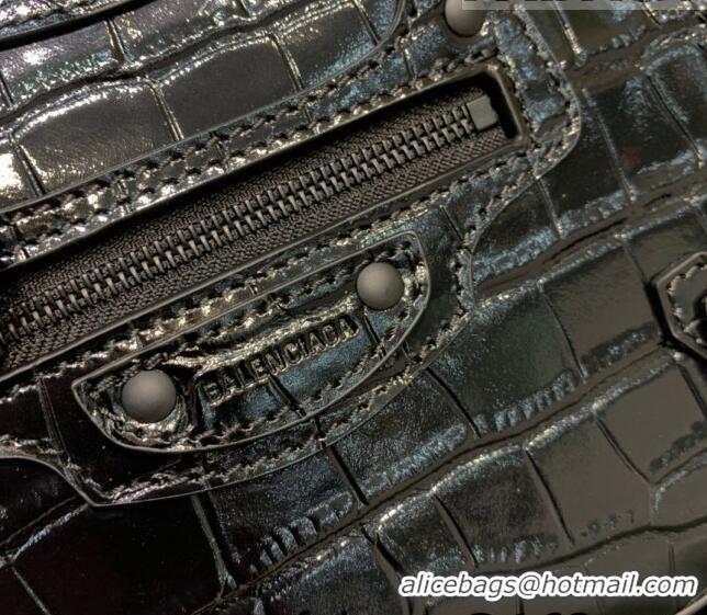 Famous Brand Balenciaga Neo Classic Mini Bag in Shiny Crocodile Embossed Leather 638512 All Black