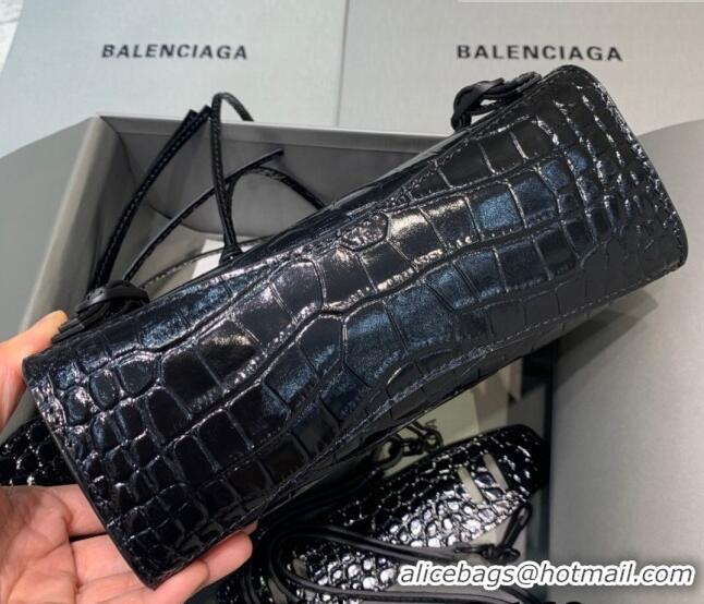 Famous Brand Balenciaga Neo Classic Mini Bag in Shiny Crocodile Embossed Leather 638512 All Black