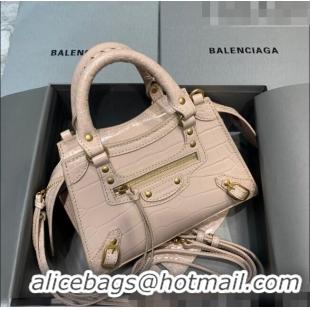 Inexpensive Balenciaga Neo Classic Mini Bag in Shiny Crocodile Embossed Leather 638512 Nude/Gold