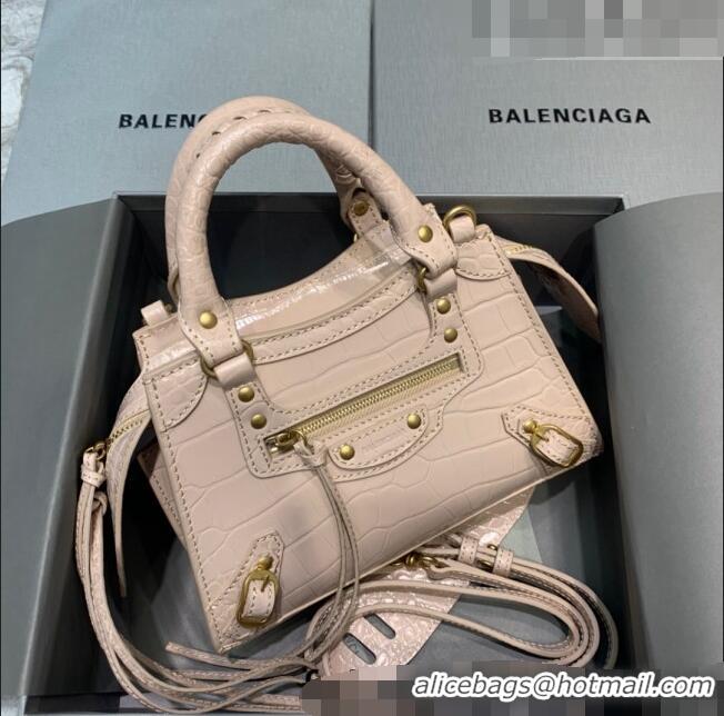 Inexpensive Balenciaga Neo Classic Mini Bag in Shiny Crocodile Embossed Leather 638512 Nude/Gold