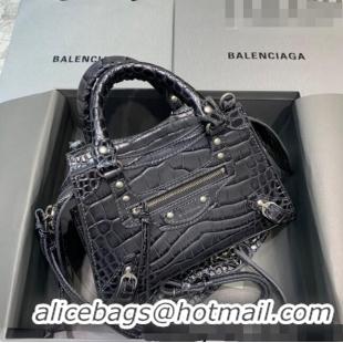 Well Crafted Balenciaga Neo Classic Mini Bag in Crocodile Embossed Leather 638512 Charcoal Black/Silver