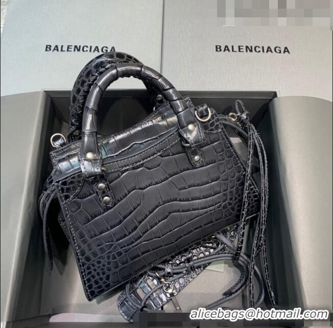 Well Crafted Balenciaga Neo Classic Mini Bag in Crocodile Embossed Leather 638512 Charcoal Black/Silver