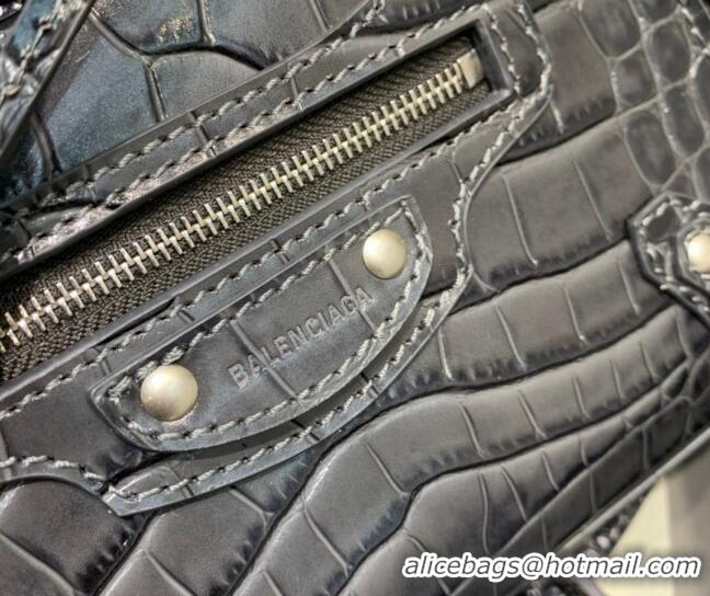 Well Crafted Balenciaga Neo Classic Mini Bag in Crocodile Embossed Leather 638512 Charcoal Black/Silver