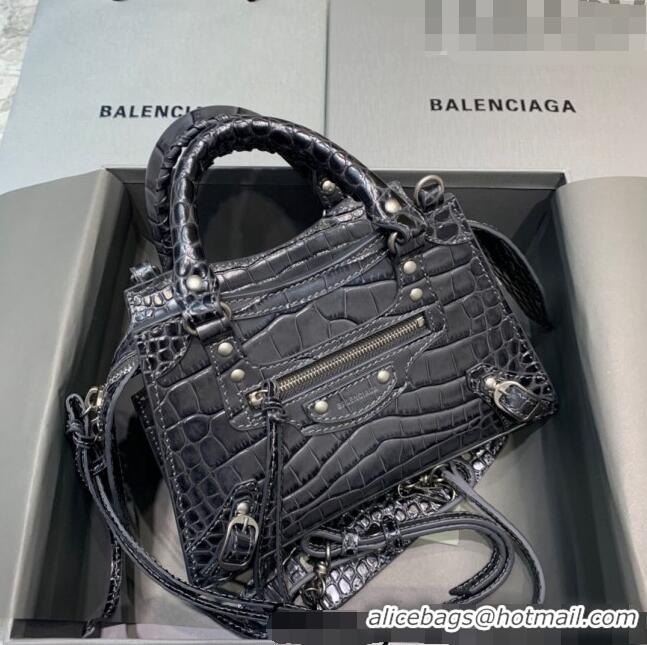 Well Crafted Balenciaga Neo Classic Mini Bag in Crocodile Embossed Leather 638512 Charcoal Black/Silver