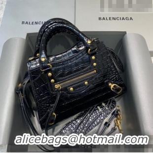 Buy Cheap Balenciaga Neo Classic Mini Bag in Shiny Crocodile Embossed Leather 638512 Black/Gold