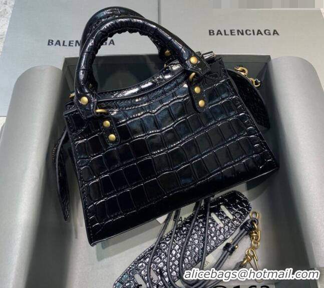 Buy Cheap Balenciaga Neo Classic Mini Bag in Shiny Crocodile Embossed Leather 638512 Black/Gold