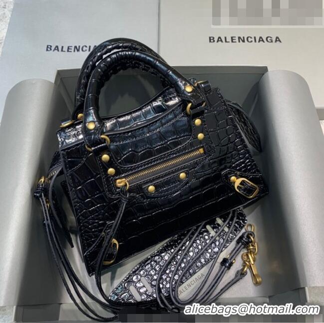 Buy Cheap Balenciaga Neo Classic Mini Bag in Shiny Crocodile Embossed Leather 638512 Black/Gold