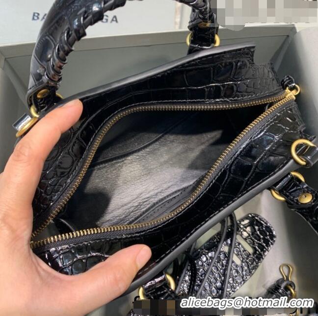 Buy Cheap Balenciaga Neo Classic Mini Bag in Shiny Crocodile Embossed Leather 638512 Black/Gold