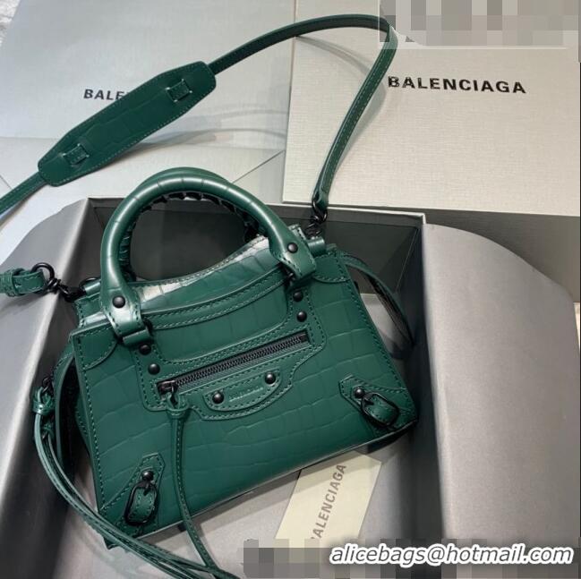 Top Quality Balenciaga Neo Classic Mini Bag in Maxi-Crocodile Embossed Leather 638512 Green/Black Hardware