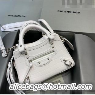 Good Taste Balenciaga Neo Classic Mini Bag in Maxi-Crocodile Embossed Leather 638512 White/Silver