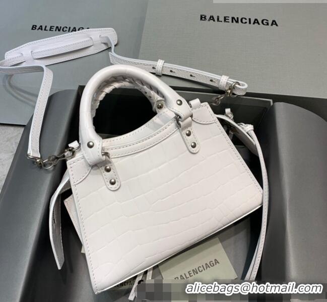 Good Taste Balenciaga Neo Classic Mini Bag in Maxi-Crocodile Embossed Leather 638512 White/Silver