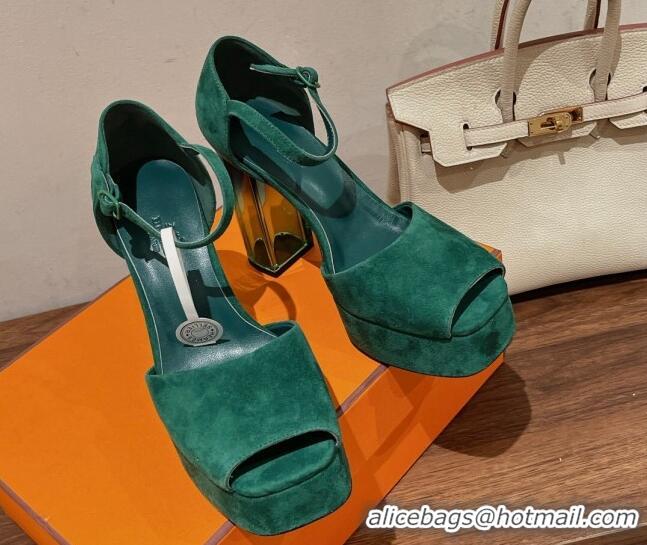 Discount Hermes Fever Suede Platform Sandals 11cm Green 625022