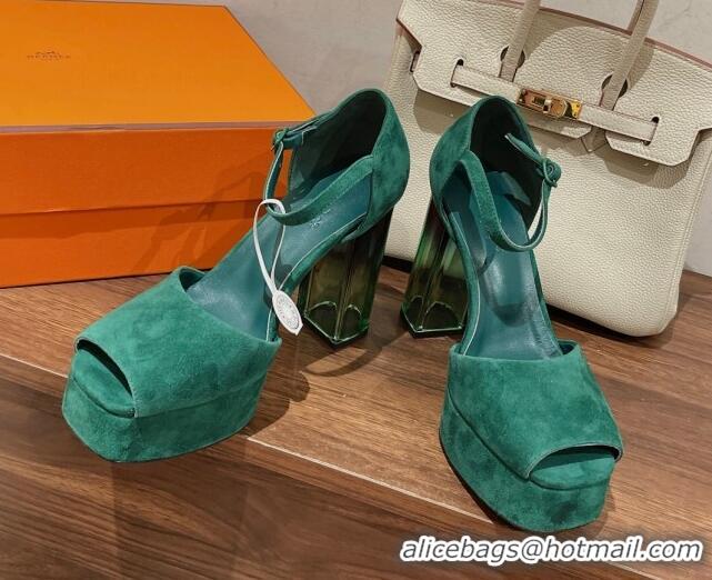 Discount Hermes Fever Suede Platform Sandals 11cm Green 625022