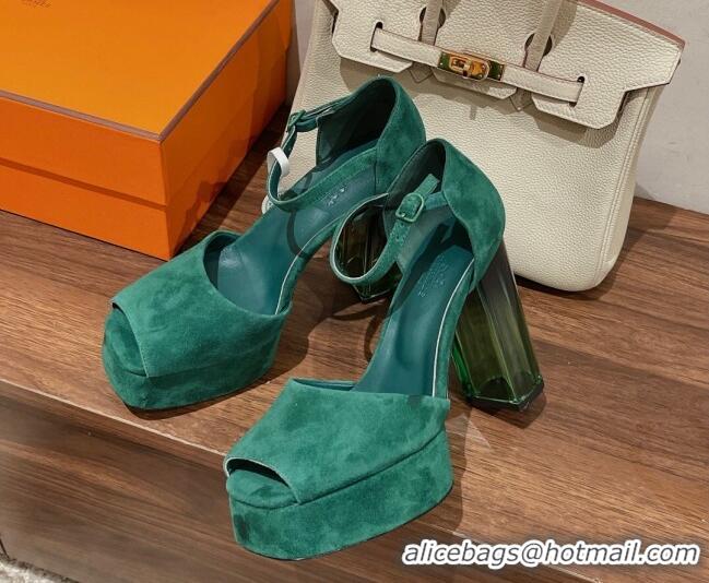 Discount Hermes Fever Suede Platform Sandals 11cm Green 625022