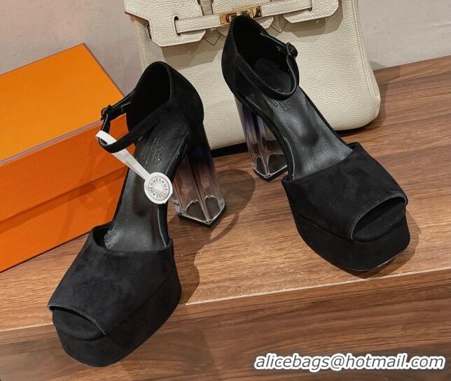 Good Quality Hermes Fever Suede Platform Sandals 11cm Black 625023