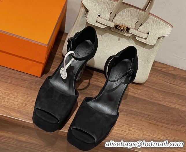 Good Quality Hermes Fever Suede Platform Sandals 11cm Black 625023