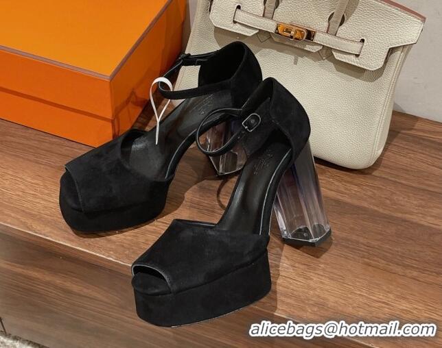 Good Quality Hermes Fever Suede Platform Sandals 11cm Black 625023