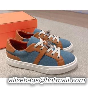 Most Popular Hermes Day Low Top Sneakers in Denim Canvas and Calfskin Blue/Brown 625024