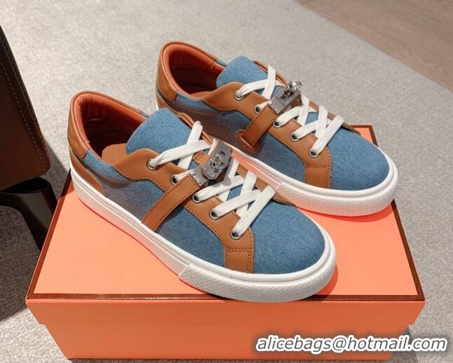 Most Popular Hermes Day Low Top Sneakers in Denim Canvas and Calfskin Blue/Brown 625024