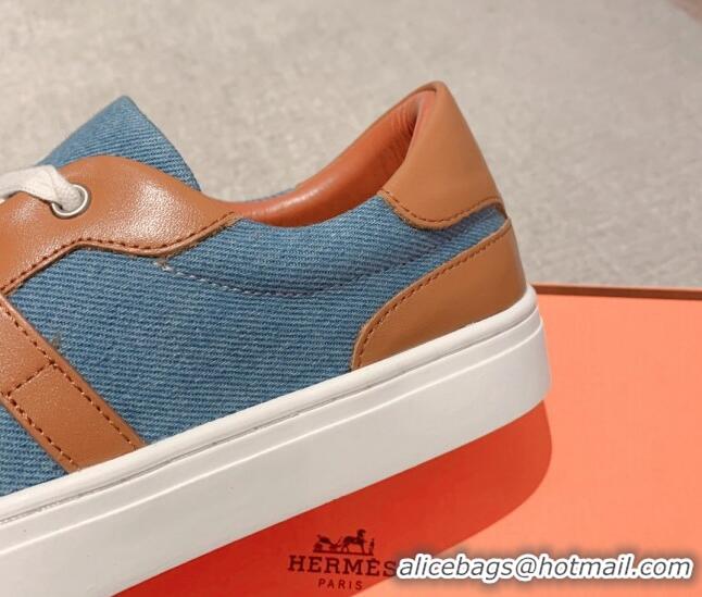 Most Popular Hermes Day Low Top Sneakers in Denim Canvas and Calfskin Blue/Brown 625024