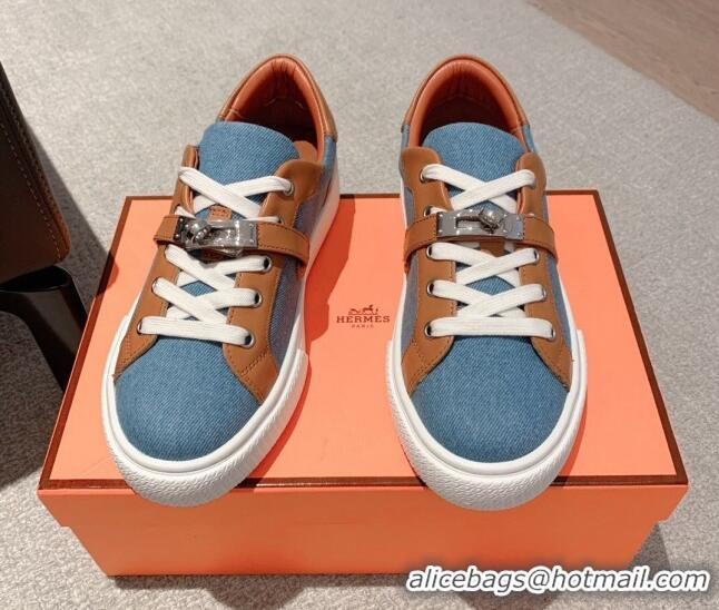 Most Popular Hermes Day Low Top Sneakers in Denim Canvas and Calfskin Blue/Brown 625024