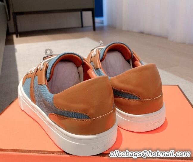 Most Popular Hermes Day Low Top Sneakers in Denim Canvas and Calfskin Blue/Brown 625024