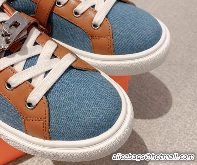 Most Popular Hermes Day Low Top Sneakers in Denim Canvas and Calfskin Blue/Brown 625024