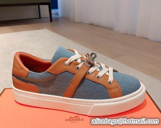 Most Popular Hermes Day Low Top Sneakers in Denim Canvas and Calfskin Blue/Brown 625024