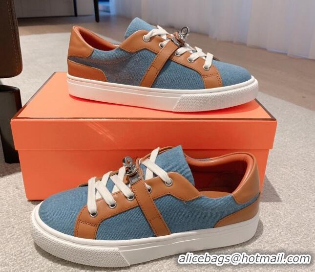 Most Popular Hermes Day Low Top Sneakers in Denim Canvas and Calfskin Blue/Brown 625024