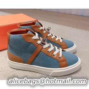 Grade Quality Hermes Day High Top Sneakers in Denim Canvas and Calfskin Blue/Brown 625025