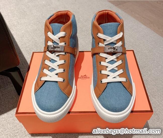 Grade Quality Hermes Day High Top Sneakers in Denim Canvas and Calfskin Blue/Brown 625025