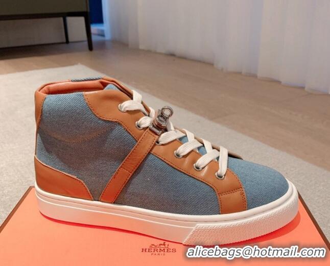 Grade Quality Hermes Day High Top Sneakers in Denim Canvas and Calfskin Blue/Brown 625025