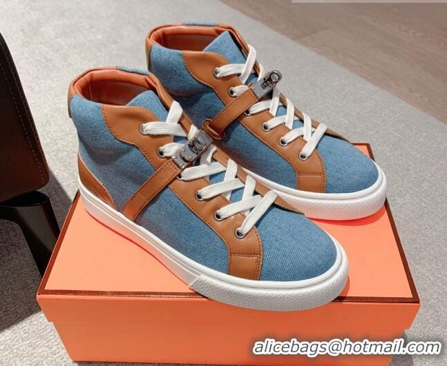 Grade Quality Hermes Day High Top Sneakers in Denim Canvas and Calfskin Blue/Brown 625025