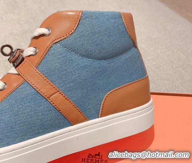 Grade Quality Hermes Day High Top Sneakers in Denim Canvas and Calfskin Blue/Brown 625025