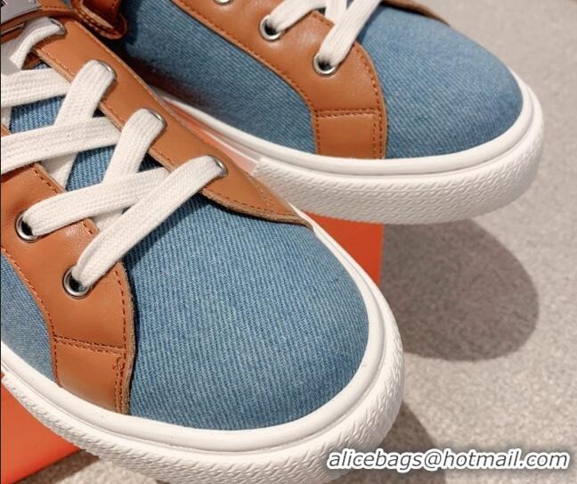 Grade Quality Hermes Day High Top Sneakers in Denim Canvas and Calfskin Blue/Brown 625025