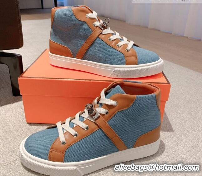 Grade Quality Hermes Day High Top Sneakers in Denim Canvas and Calfskin Blue/Brown 625025