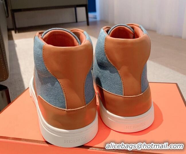 Grade Quality Hermes Day High Top Sneakers in Denim Canvas and Calfskin Blue/Brown 625025