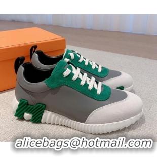 Good Quality Hermes Bouncing Calfskin and Suede Sneakers Dark Grey/Green 625026