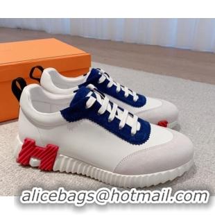 Top Grade Hermes Bouncing Calfskin and Suede Sneakers White/Navy Blue 625028