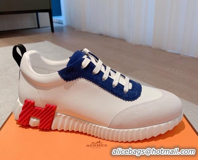 Top Grade Hermes Bouncing Calfskin and Suede Sneakers White/Navy Blue 625028