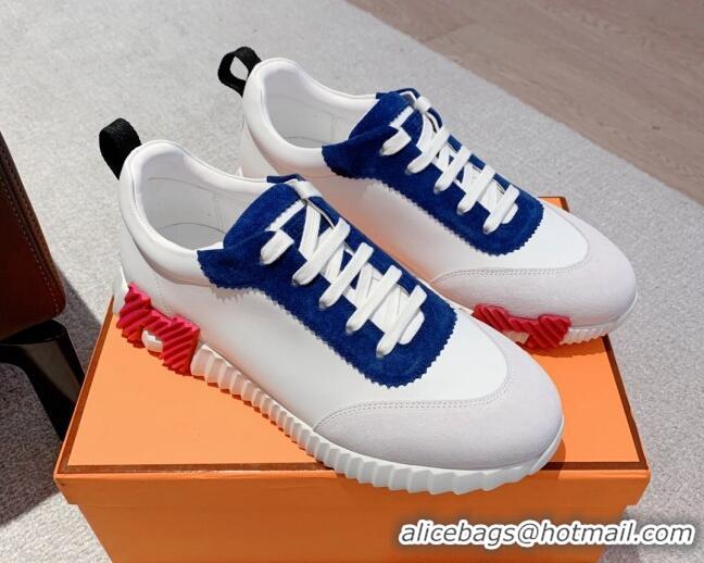 Top Grade Hermes Bouncing Calfskin and Suede Sneakers White/Navy Blue 625028