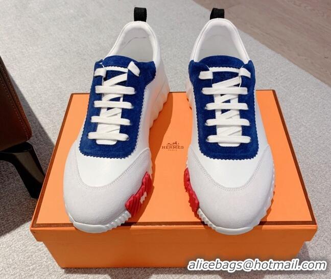 Top Grade Hermes Bouncing Calfskin and Suede Sneakers White/Navy Blue 625028