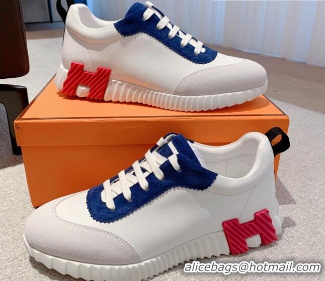 Top Grade Hermes Bouncing Calfskin and Suede Sneakers White/Navy Blue 625028