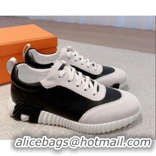 Unique Style Hermes Bouncing Calfskin and Suede Sneakers White/Black 625029