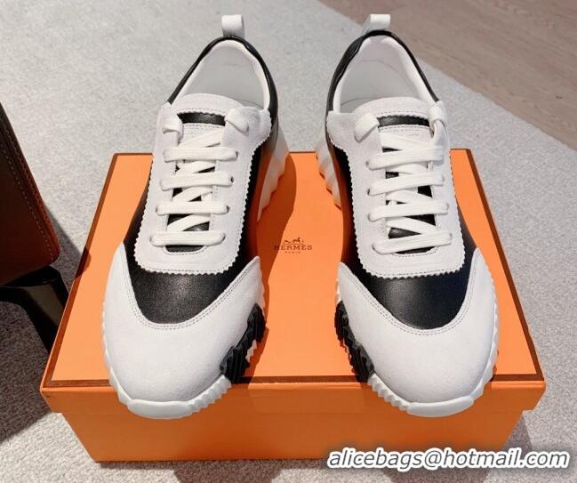 Unique Style Hermes Bouncing Calfskin and Suede Sneakers White/Black 625029