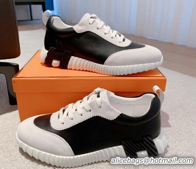 Unique Style Hermes Bouncing Calfskin and Suede Sneakers White/Black 625029