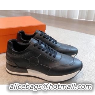 Low Price Hermes Drive Sneakers in Calfskin Leather Black 625034