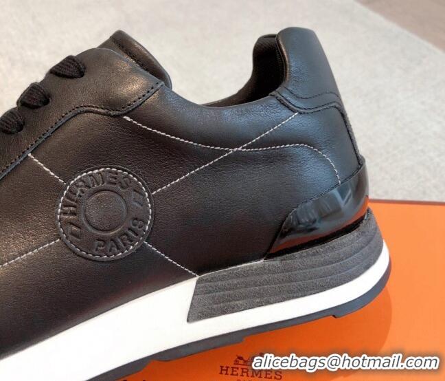 Low Price Hermes Drive Sneakers in Calfskin Leather Black 625034